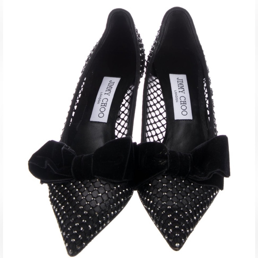 Jimmy Choo black love mesh and suede 65mm crystal bow heel